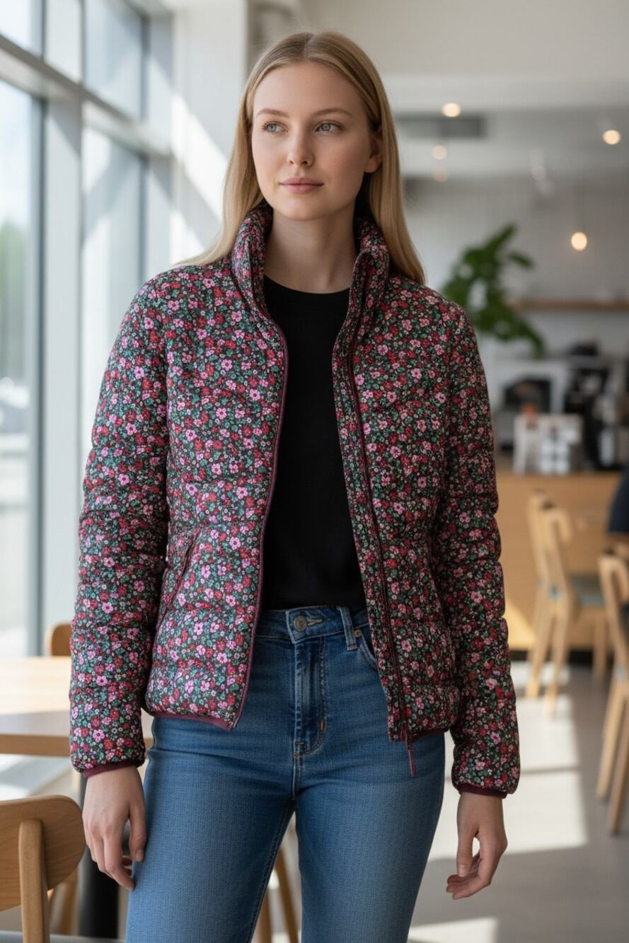 LANDS END Puffer Jacket Size XS Purple w/ Flowers Floral Zip w/ Pockets Quilted
